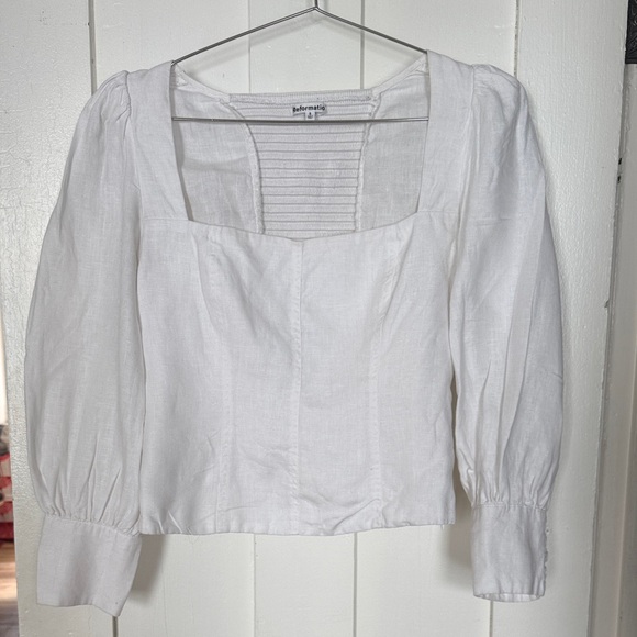 Reformation Tops - Reformation White Square-Neck Linen Blouse with Puff Sleeves
